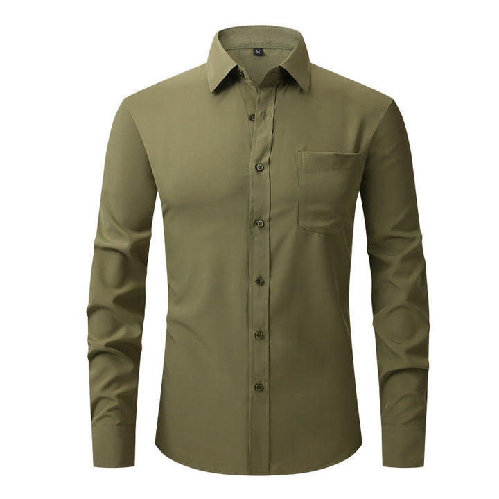 Men's crisp white tailored fit dress shirt on a hanger, showcasing ready-to-wear professional style.