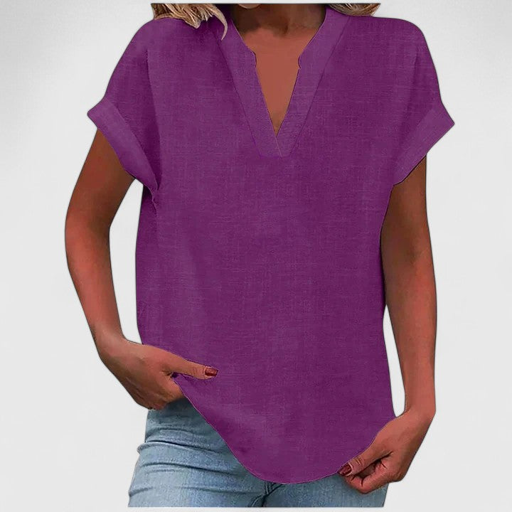 Relaxed fit short sleeve V-neck blouse, ideal for casual wear.