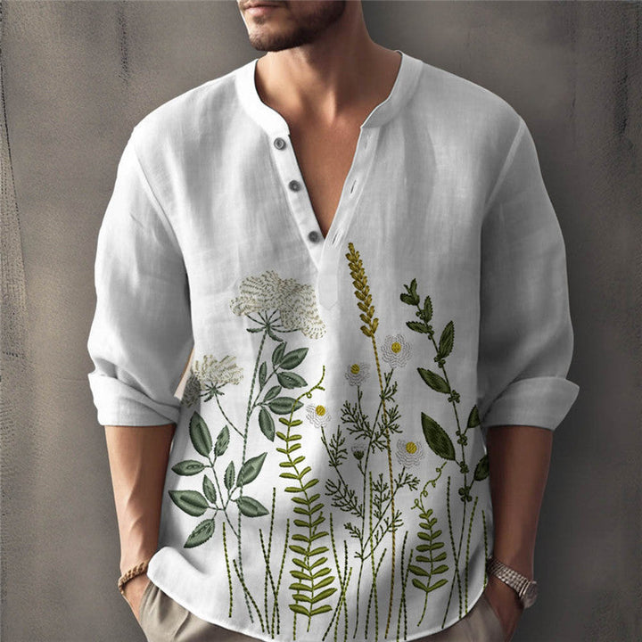 Casual men's long sleeve shirt with sophisticated floral embroidery. A must-have button-down for spring fashion.