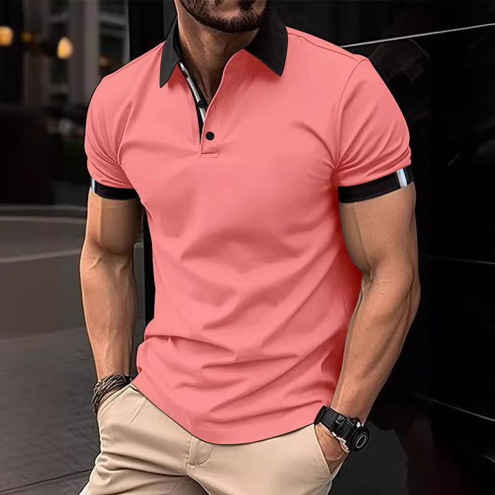 Breathable performance polo for men, contrast accents, short sleeve, great for golf & active lifestyles.