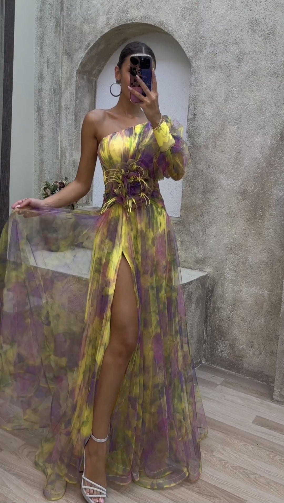 Luxurious women's elegant evening dress, featuring an asymmetric floral design and sophisticated one-shoulder style.