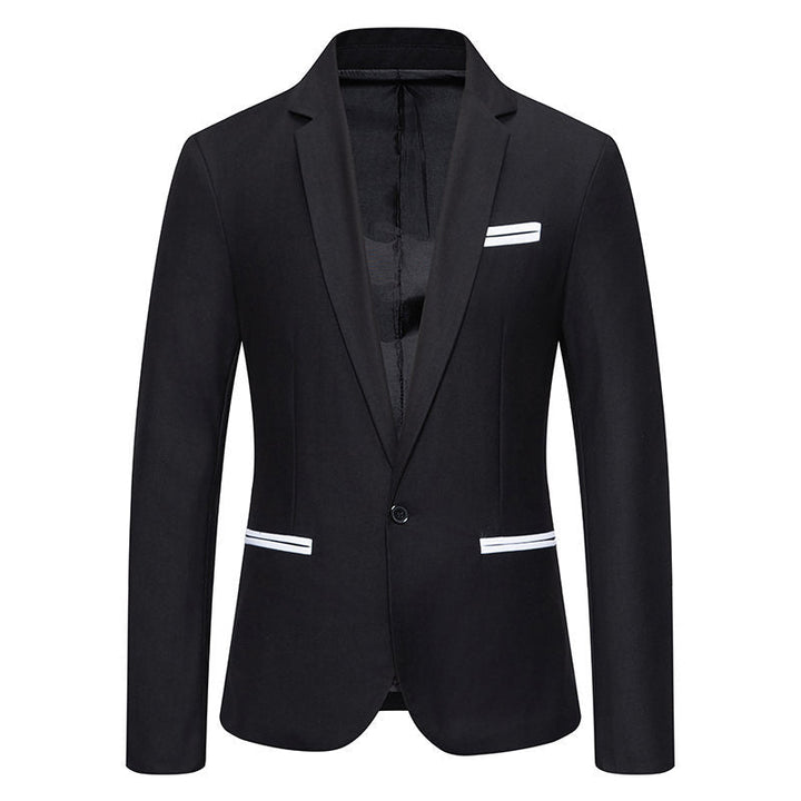 Chic men's black blazer, a versatile suit jacket with contrasting lapels for weddings & business attire.
