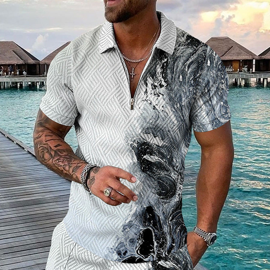 Stylish men's printed short sleeve top. Versatile for casual outings, summer fashion, or elegant beachwear.