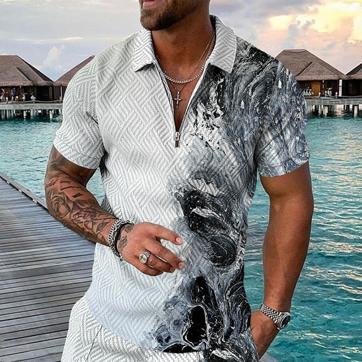 Stylish men's printed short sleeve top. Versatile for casual outings, summer fashion, or elegant beachwear.
