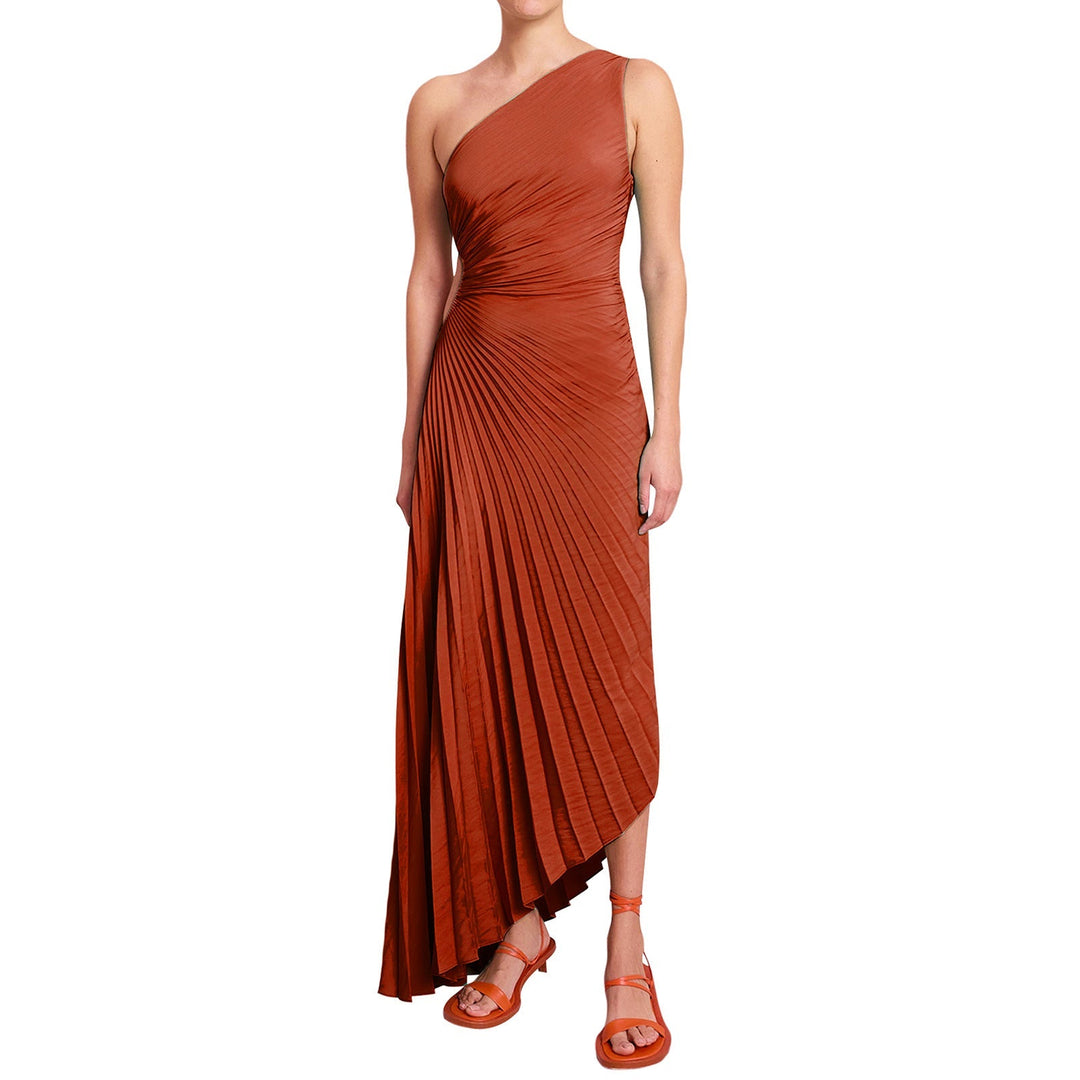 Wedding guest one-shoulder pleated midi dress, elegant fashion for women.