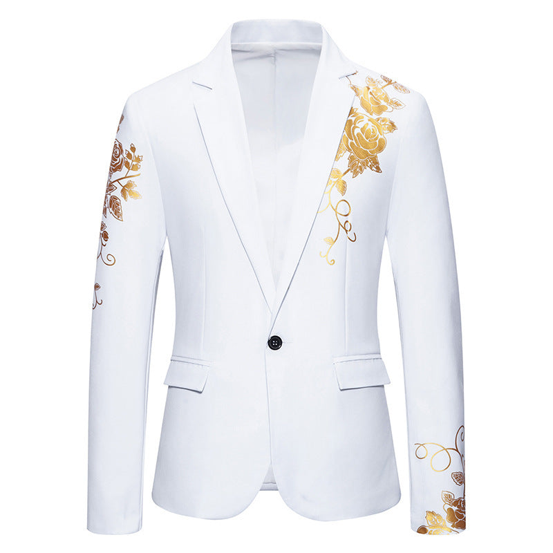 Elegant men's wedding blazer, black with a detailed floral pattern, perfect for groomsmen.