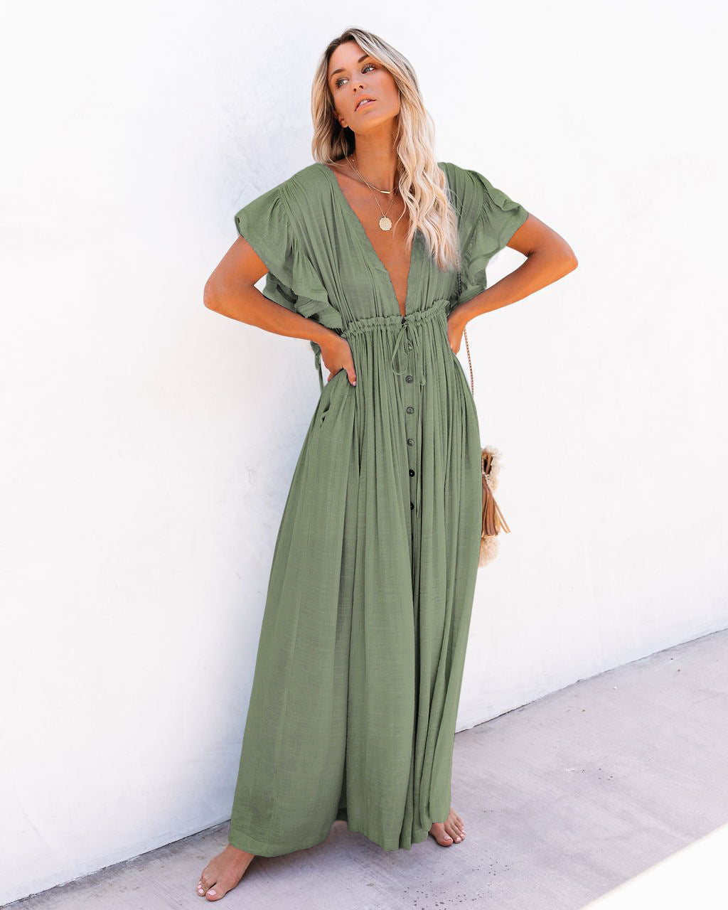 Flowy women's long maxi dress with an elegant drape, a true bohemian style statement for women's fashion.