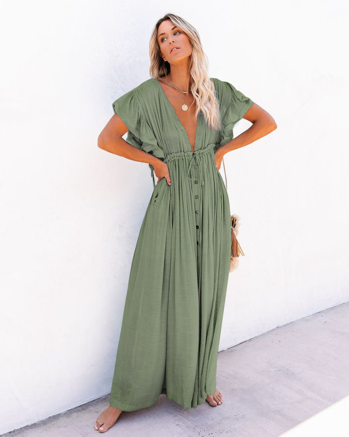 Flowy women's long maxi dress with an elegant drape, a true bohemian style statement for women's fashion.