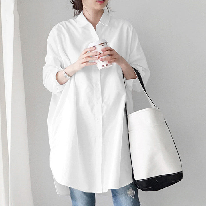 Loose fit button-front tunic blouse, women's plus size long sleeve fashion top.