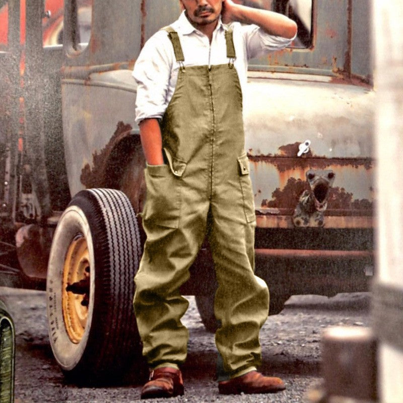 Heavy-duty yellow men's work overalls, featuring sturdy fabric, adjustable shoulder straps, and practical utility pockets.
