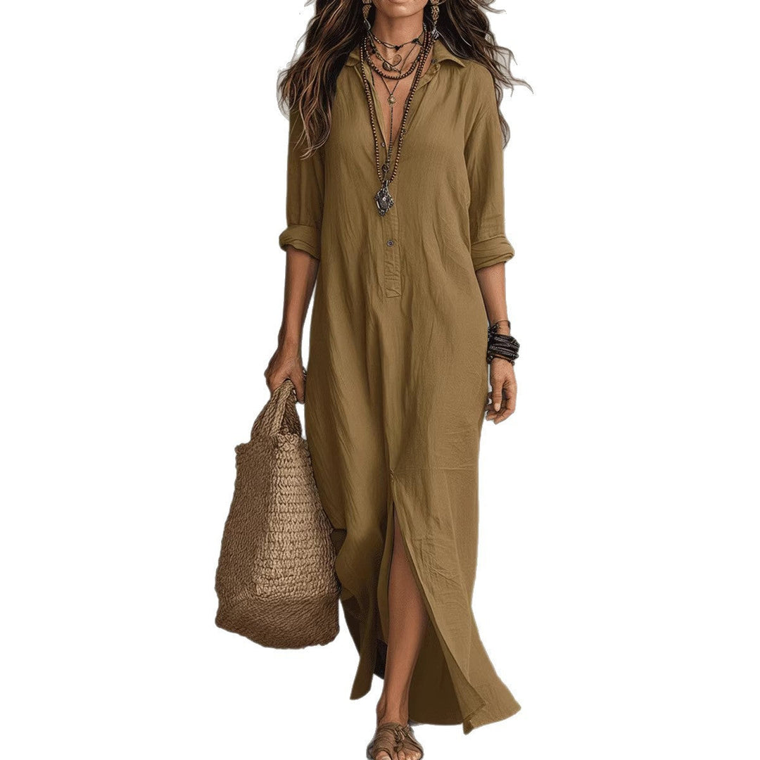 Comfortable & elegant women's flowy maxi shirt dress, button-down with a side slit. Perfect for spring apparel.