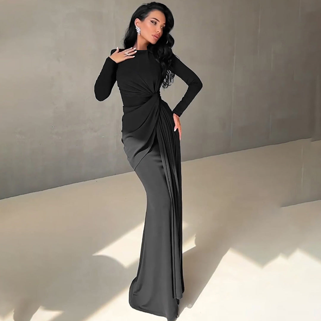 Women's elegant high collar long dress for special occasions. Gathered waist design, ideal for formal evening parties.