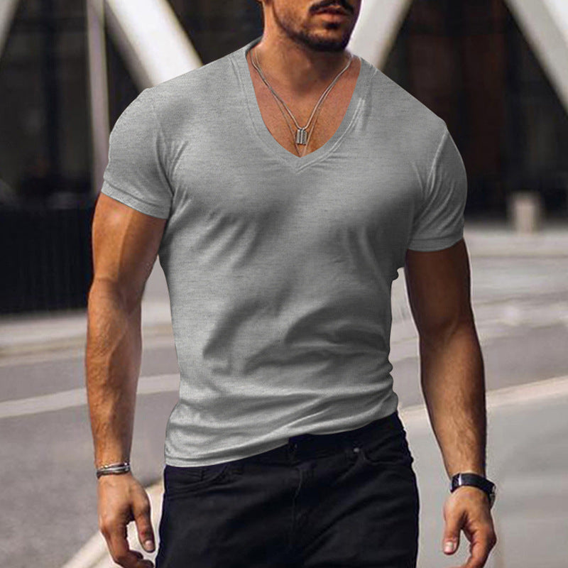 Front view of men's black V-neck T-shirt, short sleeve, comfortable & breathable for casual fashion.