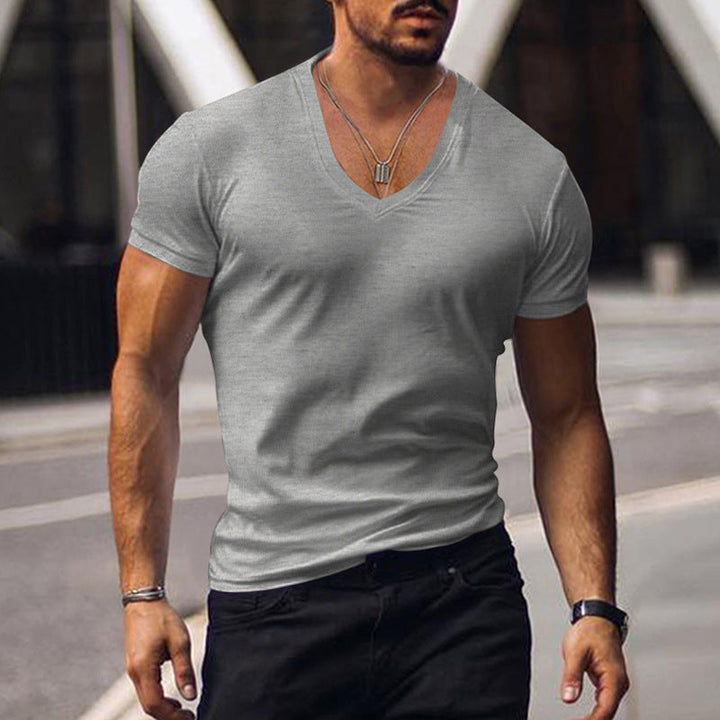 Front view of men's black V-neck T-shirt, short sleeve, comfortable & breathable for casual fashion.