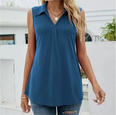 Elegant sleeveless women's blouse with button-up front, versatile for smart casual or professional outfits.
