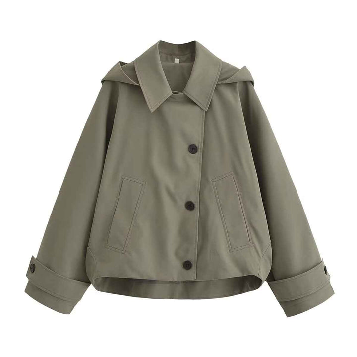 Modern cropped windbreaker jacket for women, with a hood. Lightweight, stylish casual outerwear for autumn & spring fashion.