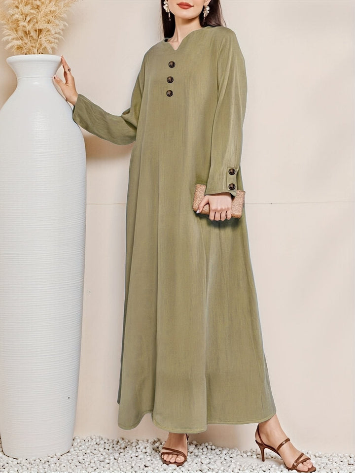 Feminine elegant button-front maxi dress. Timeless long women's dress, easy to wear for summer, casual, or evening.