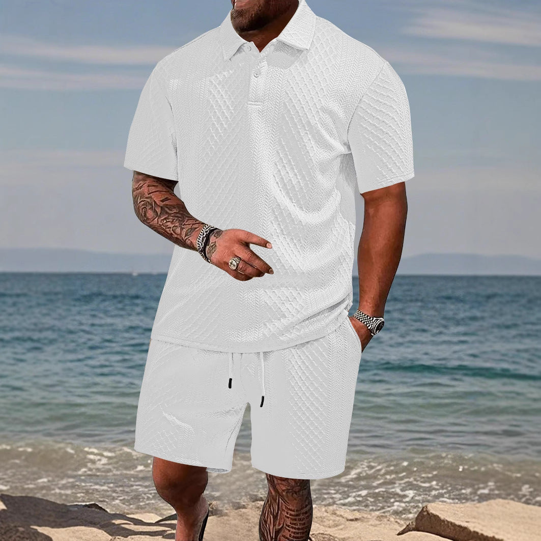 Stylish men's summer outfit: short sleeve polo shirt and matching casual shorts for comfort.