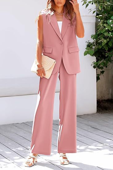 Women's fashion two-piece set: sleek sleeveless blazer and stylish wide leg professional trousers.