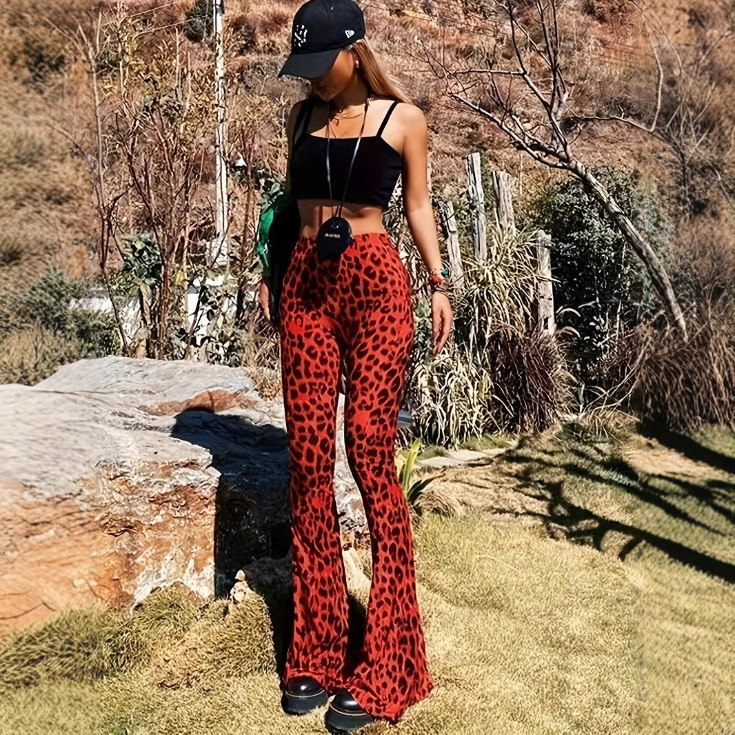 Detailed view of chic leopard print on comfortable flared leggings for women.