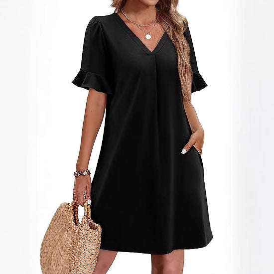 Charming blue floral V-neck summer dress for women, a comfortable and casual short sleeve design.