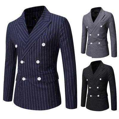 Men's elegant double-breasted striped blazer, perfect for sharp style.