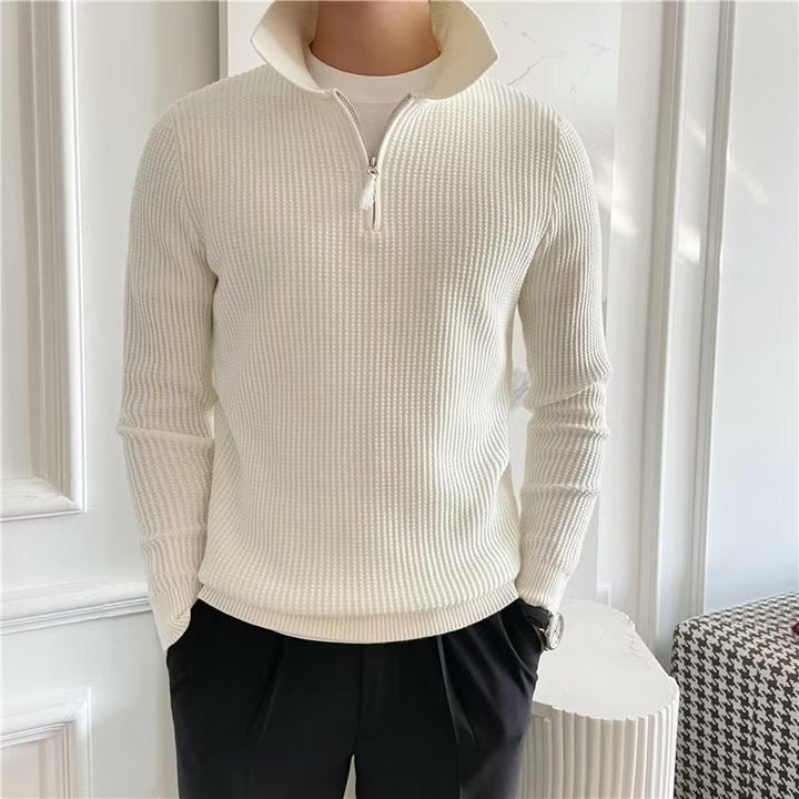 Men's textured knit zip-up polo sweater. A stylish pullover for smart casual fall layering.