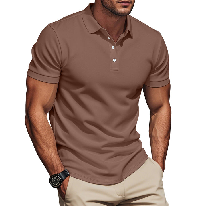 Close-up of men's polo shirt with unique textured fabric. Short sleeve button-up for a modern look.