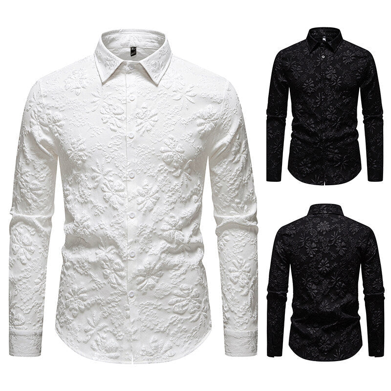 Men's dress shirt with an intricate floral relief design, suitable for elegant events & unique style.