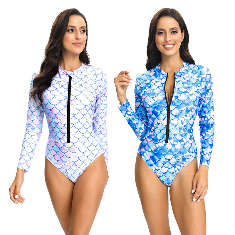 Stylish women's long sleeve UV protection swimsuit, perfect for sun safety & beach sports.
