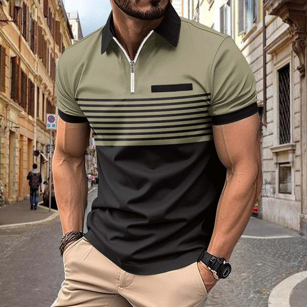Fashionable men's zip polo shirt with modern contrast stripes and short sleeves for a casual look.