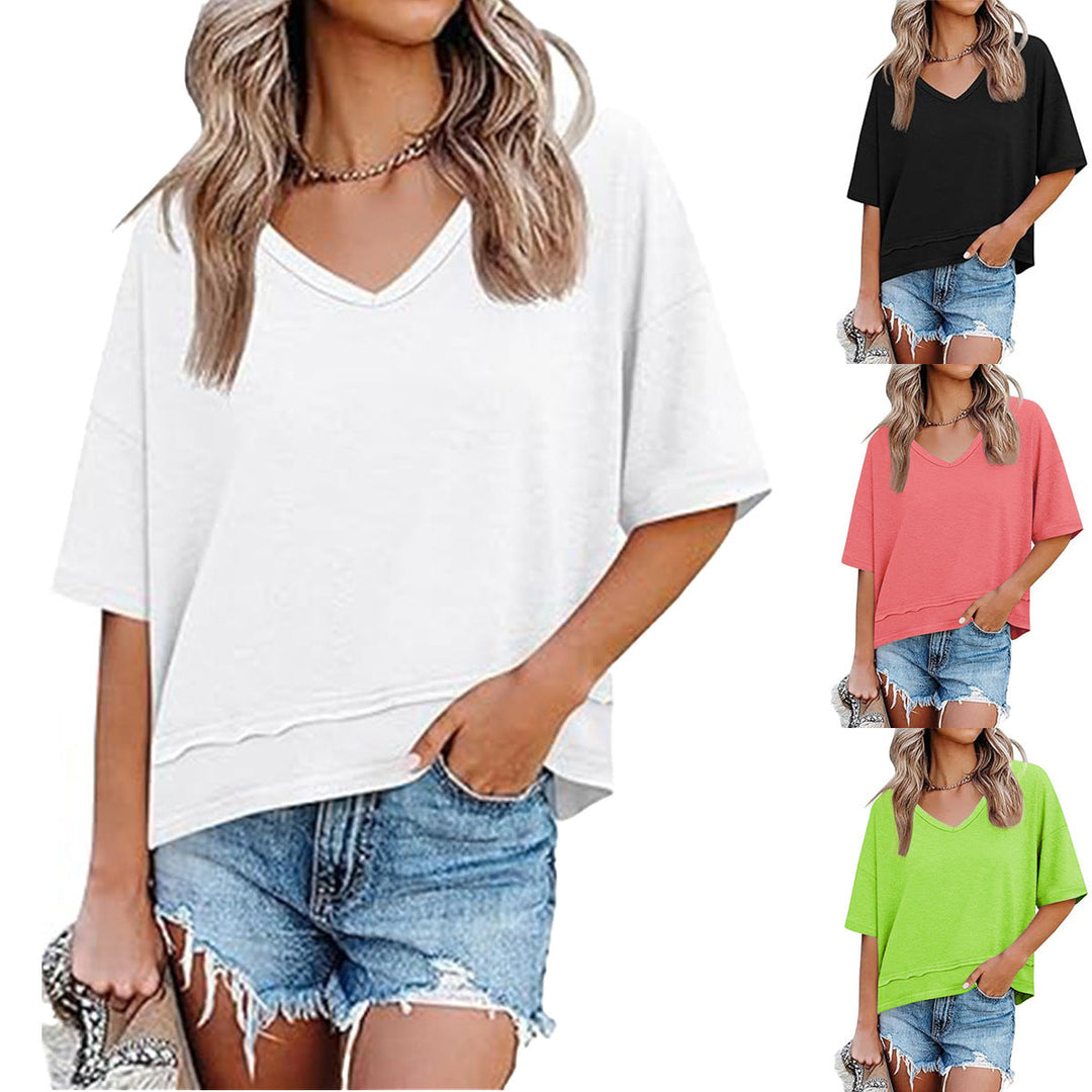 Women's loose fit V-neck t-shirt for effortless everyday style; comfortable short sleeve casual top.