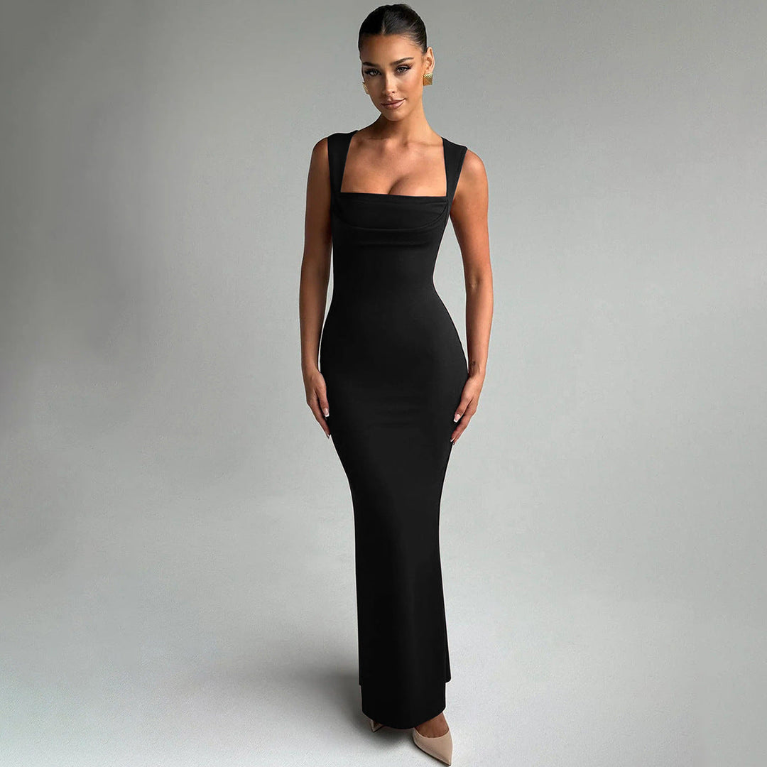 Fitted women's bodycon evening dress with a sophisticated square neck and elegant draped details for special occasions.