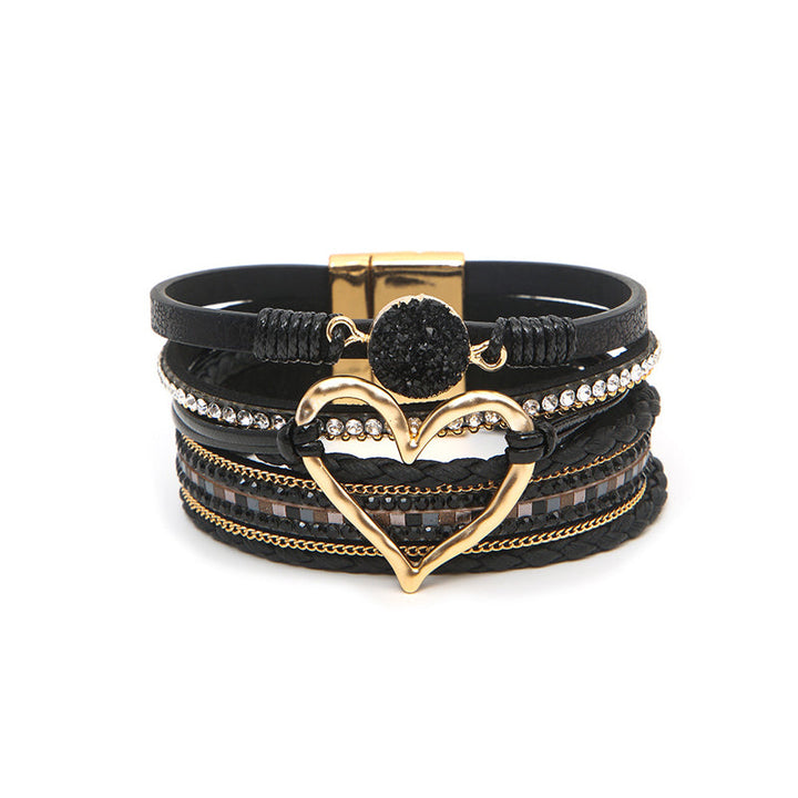 Stylish women's bohemian bracelet: natural stone beads paired with a shimmering rhinestone heart charm.