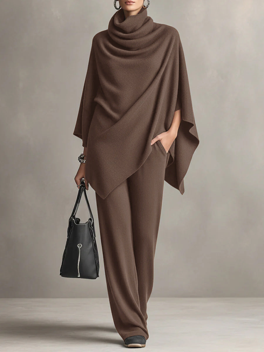 Comfortable women's two-piece ensemble; a stylish draped top & wide-leg trousers. Perfect for casual chic versatility.