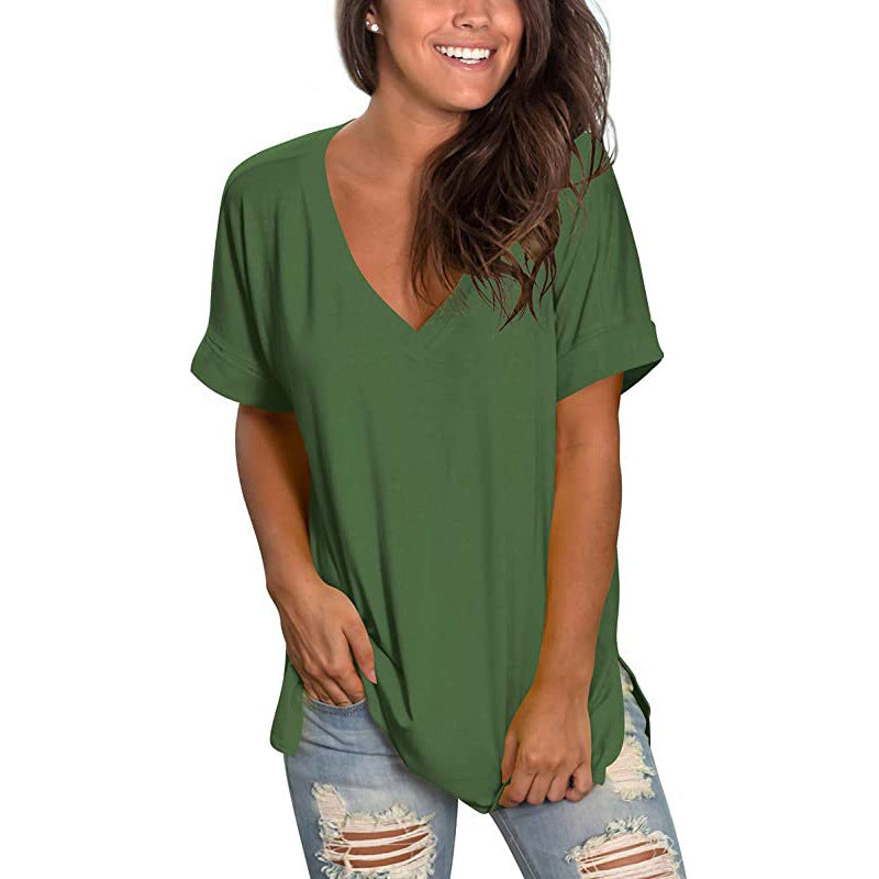Lightweight V-neck women's t-shirt, an essential summer top for comfortable spring fashion.