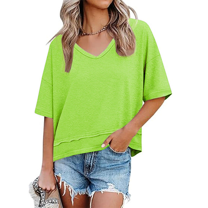 Ladies' casual V-neck t-shirt, a loose fit, short sleeve, oversized tee for comfortable everyday spring summer fashion.
