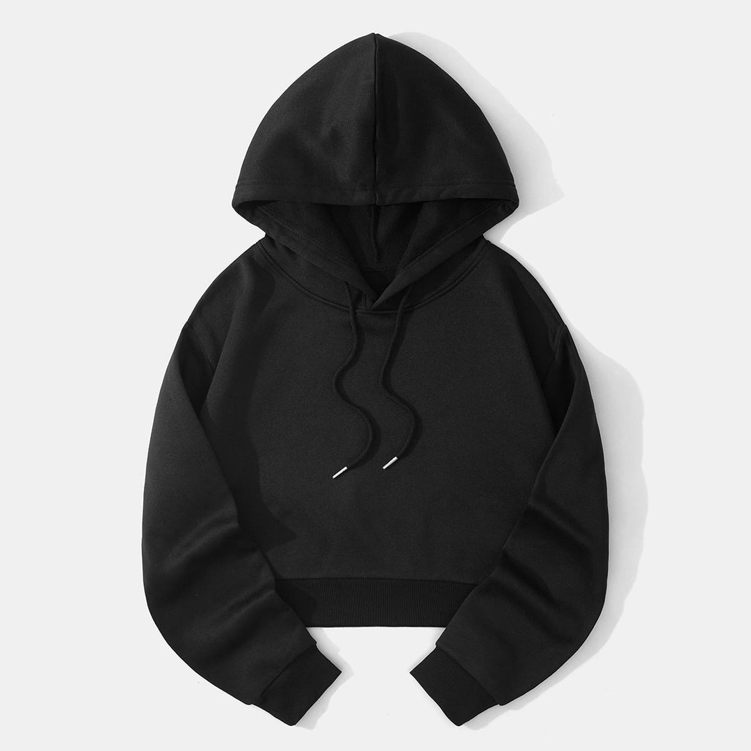 Hood detail on a cozy women's cropped hoodie, perfect for comfort & style.