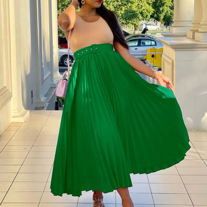 Formal women's elegant pleated midi skirt with a flattering drape and removable belt.