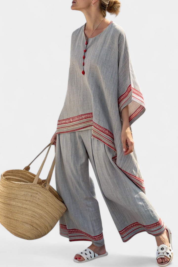 Women's elegant asymmetrical blouse & ethnic wide-leg pants set, red stripe, perfect for summer vacation.