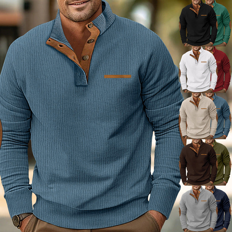 Men's zip sweater with faux leather shoulder details, casual knit pullover for fall fashion.