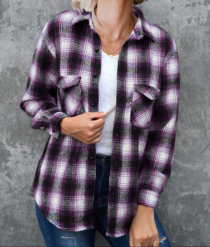 Soft women's comfortable check shirt jacket, a warm layering piece for chilly days.