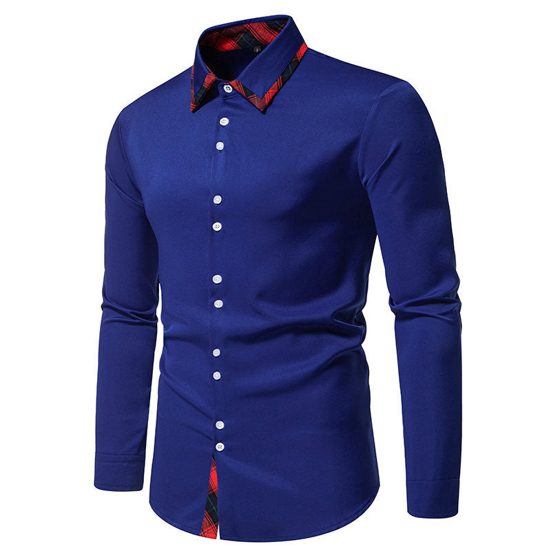 Elegant long-sleeve menswear shirt with a unique checkered collar. A comfortable button-up dress shirt for stylish occasions.