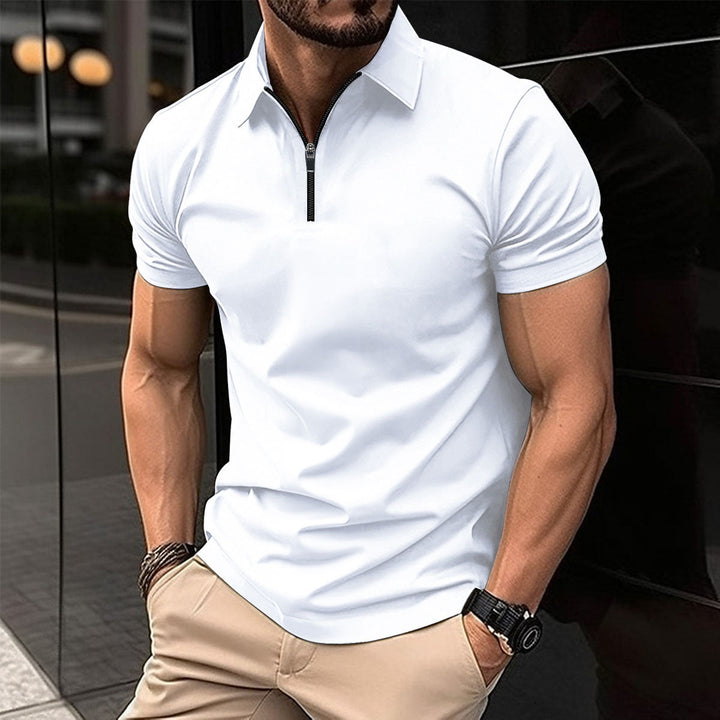 Textured men's performance zip polo shirt, durable yet soft fabric, ideal for everyday wear.