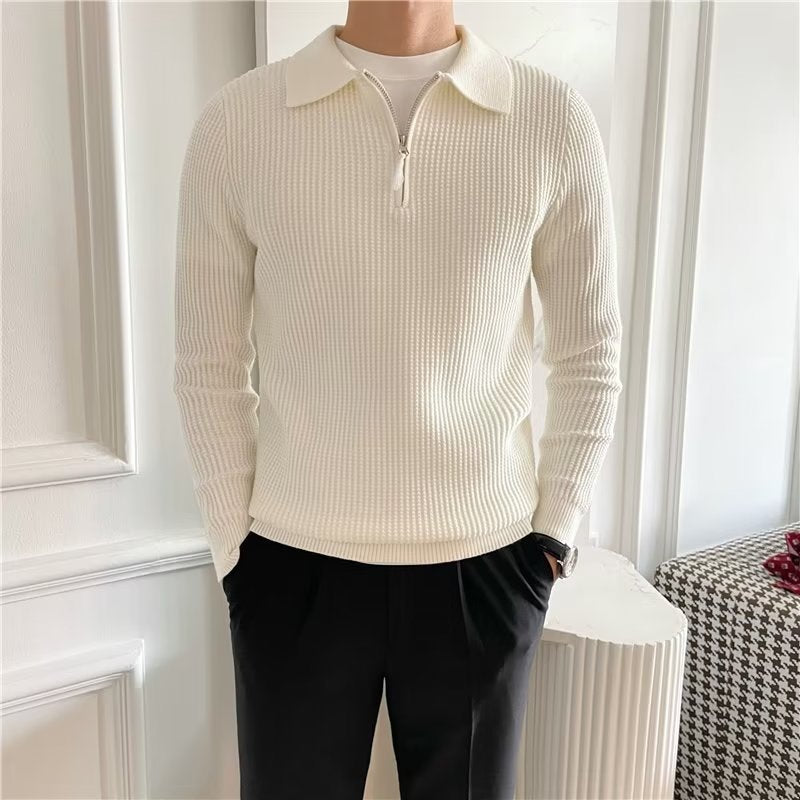 Men's zip-up polo sweater with long sleeves, perfect for smart casual fall & winter layering.