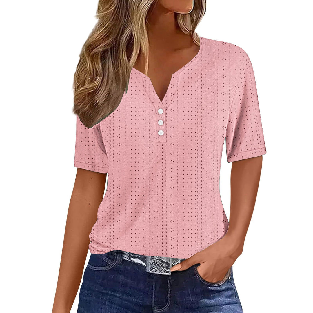 Breathable mesh short sleeve blouse for women, designed with a V-neck and button accents for summer comfort.