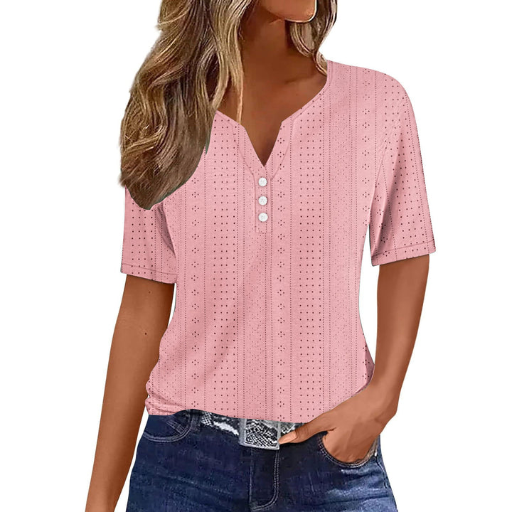 Breathable mesh short sleeve blouse for women, designed with a V-neck and button accents for summer comfort.
