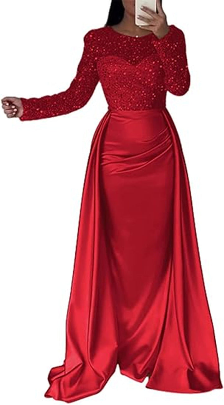 Women's sparkly long-sleeve party dress. Elegant shimmering evening gown for formal events.