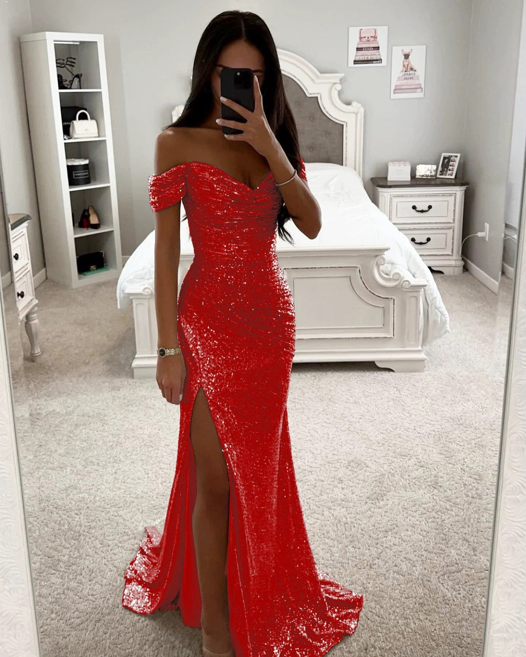 Sparkly women's off-shoulder sequin maxi dress. Glamorous formal evening gown with a chic high slit.