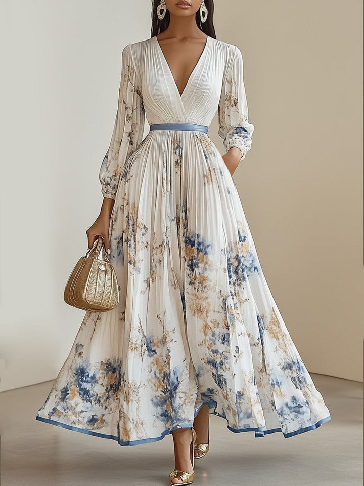 Spring/Summer elegant floral V-neck maxi dress for women, featuring long puffed sleeves and a flowy, romantic silhouette.